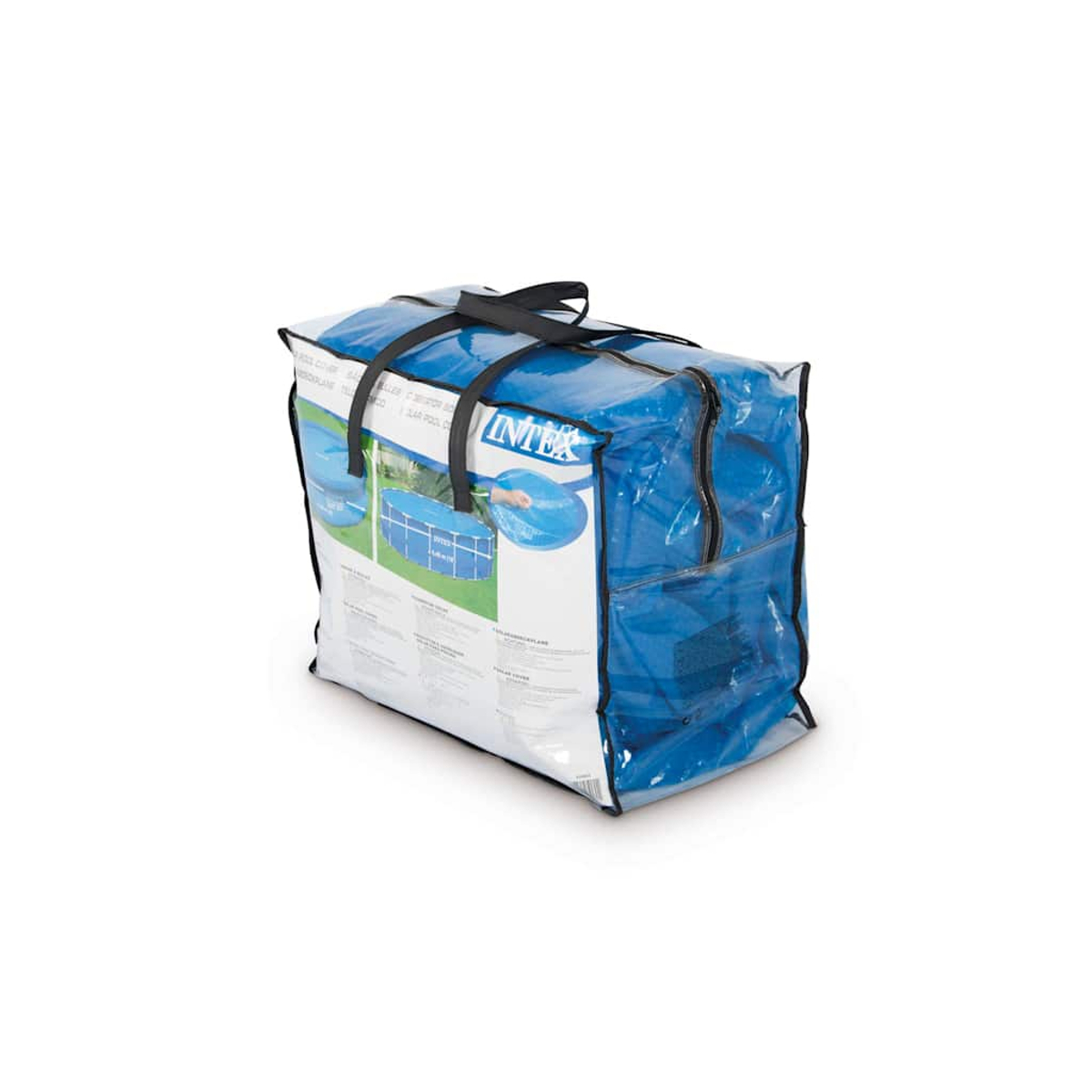 Un telo di copertura blu Intex per piscina in un sacchetto di plastica trasparente con manici neri. La borsa ha una cerniera e l'immagine di una piscina.