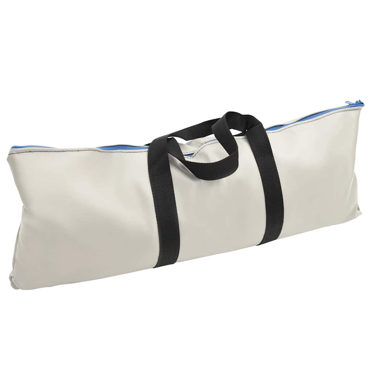 Eine weiße, rechteckige Tasche mit schwarzen Trägern und blauem Innenraum. Der Reißverschluss ist blau. Die Tasche befindet sich auf weißem Hintergrund.