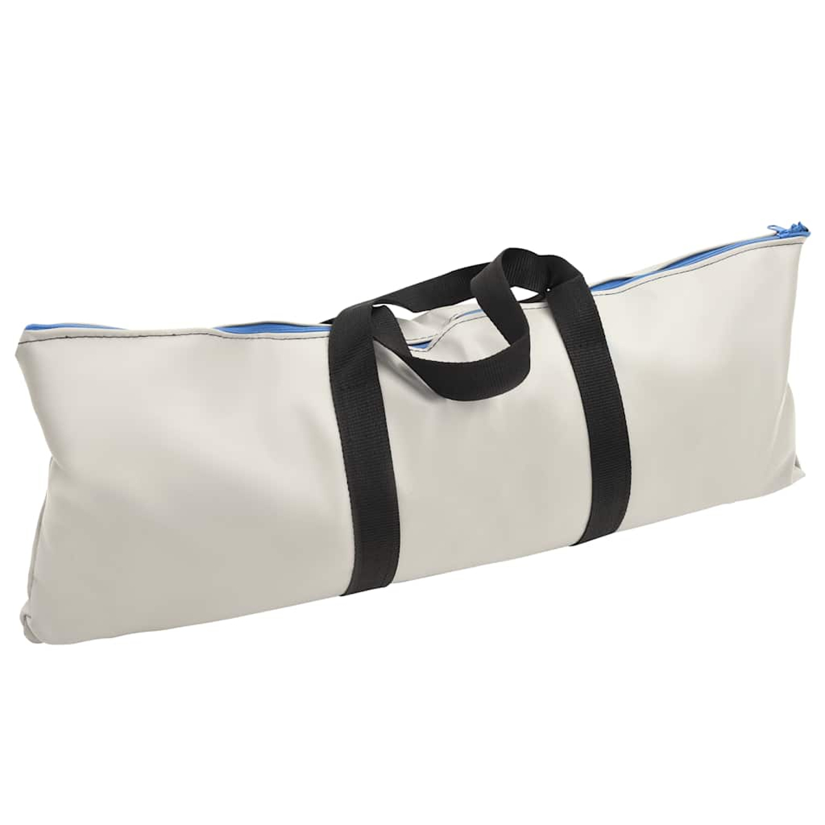 Eine lange, weiße Tasche mit schwarzen Henkeln und einem blauen Reißverschluss. Sie liegt auf weißem Hintergrund.