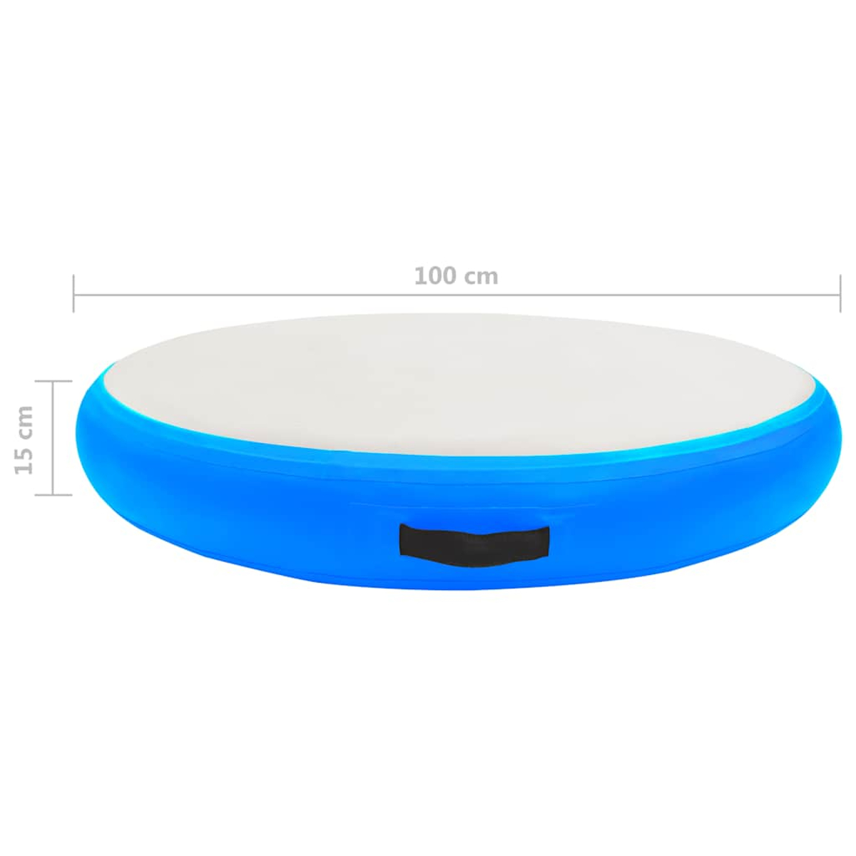 Eine blau-weiße aufblasbare Matte mit beschrifteten Abmessungen. Die Matte ist rund, mit einem Griff. Die Matte ist 100 cm lang und 15 cm hoch.