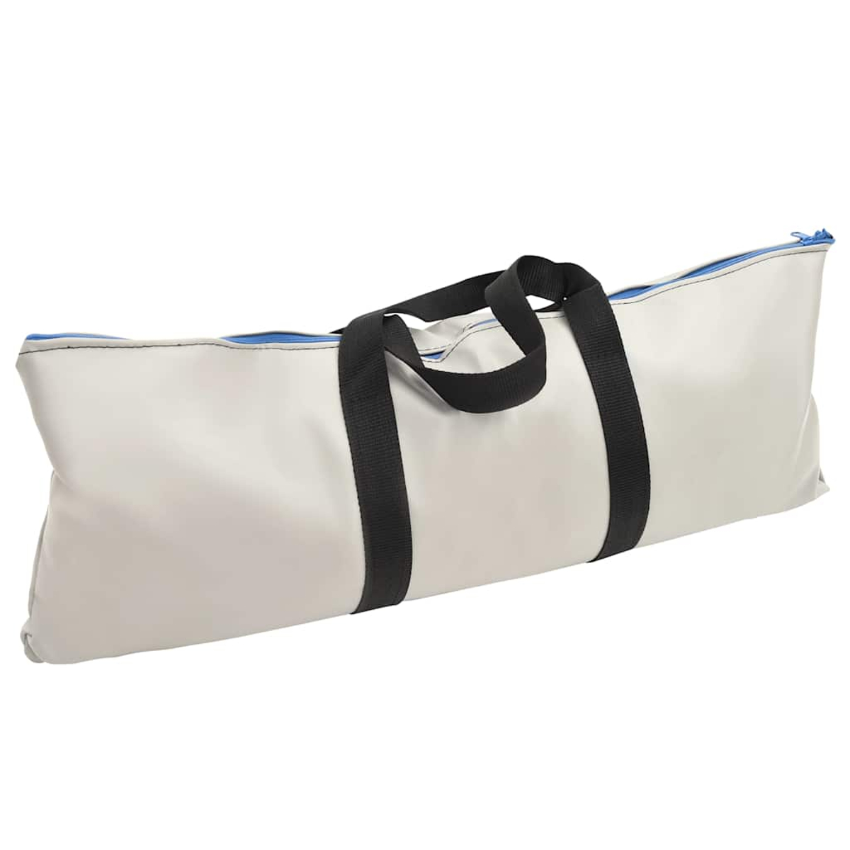 Eine weiße Tasche mit schwarzen Griffen und einem blauen Reißverschluss. Die Tasche ist rechteckig und scheint aus wasserdichtem Material zu sein.