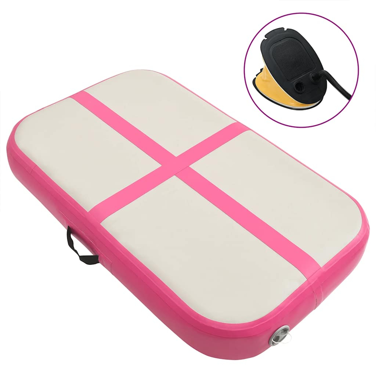 Rosa und weiße aufblasbare Gymnastikmatte mit Handpumpe. Die Matte hat rosa Streifen und einen schwarzen Griff. Pumpe ist schwarz und gelb.
