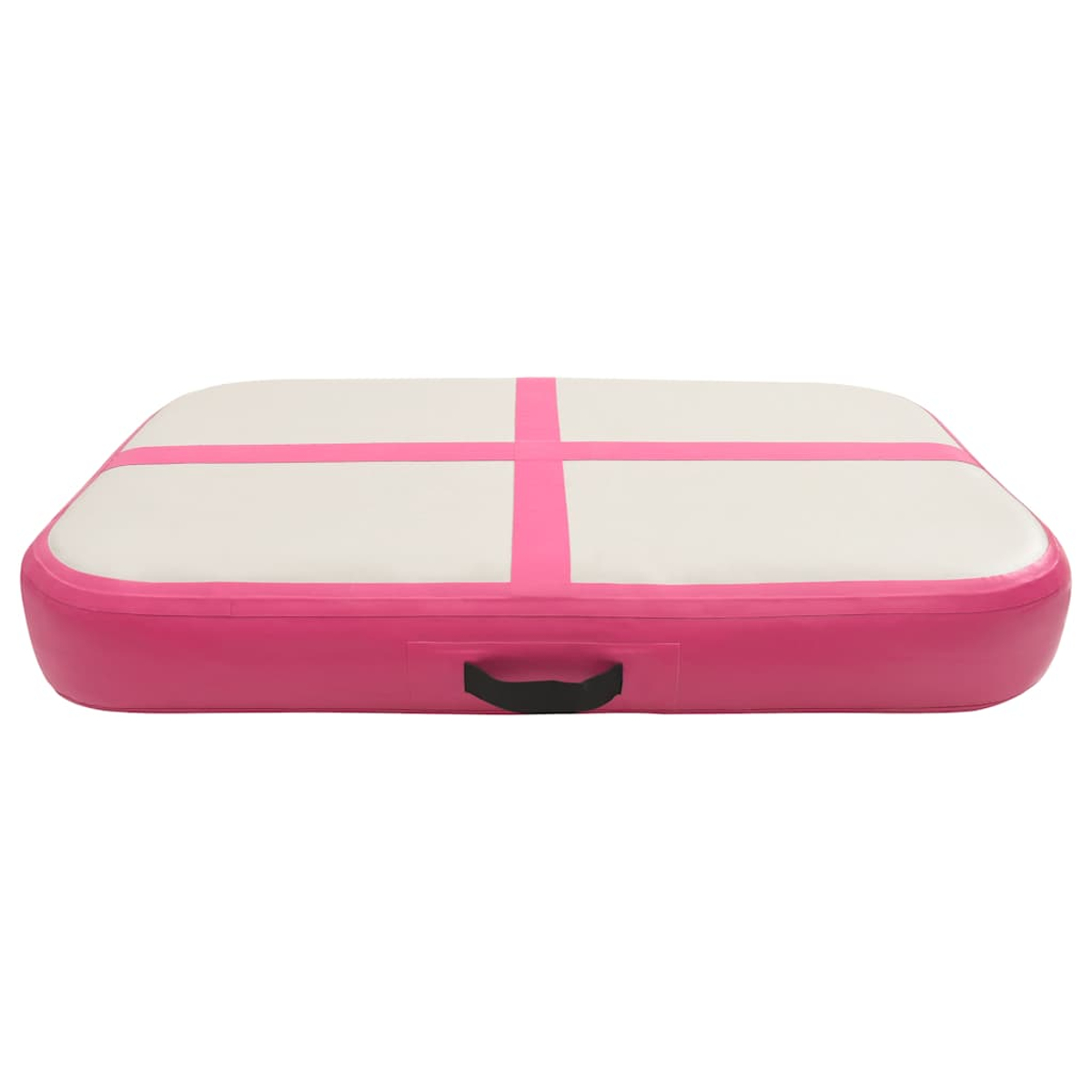 Eine rechteckige, aufblasbare rosa Matte mit weißer Oberseite, rosa Streifen, die ein Kreuz bilden, und einem schwarzen Griff.