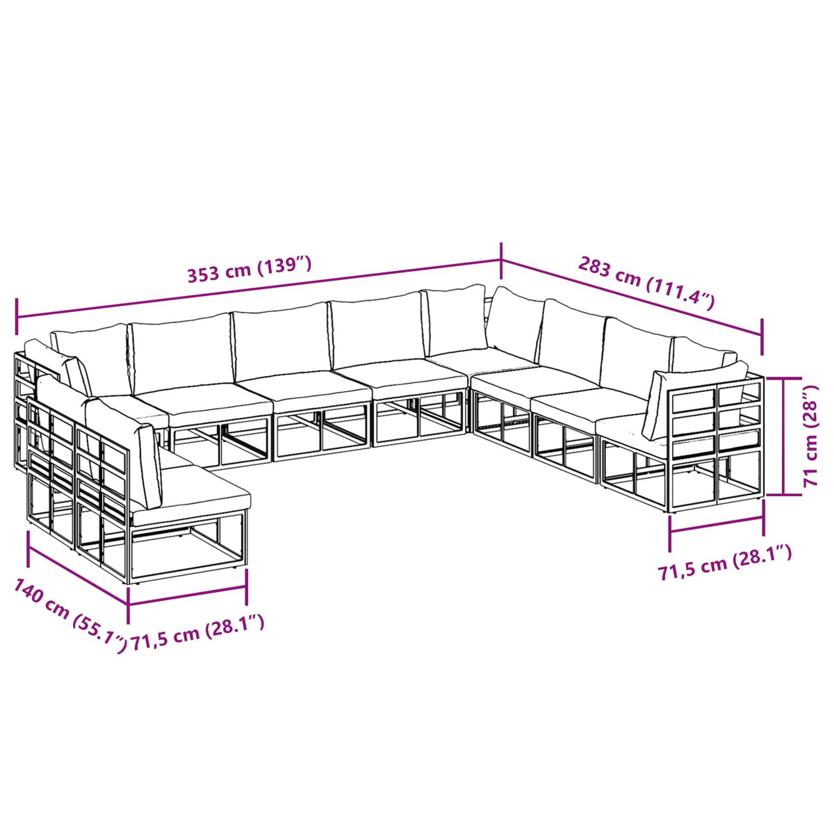 Una ilustración muestra un sofá modular para exteriores con dimensiones etiquetadas en centímetros y pulgadas.