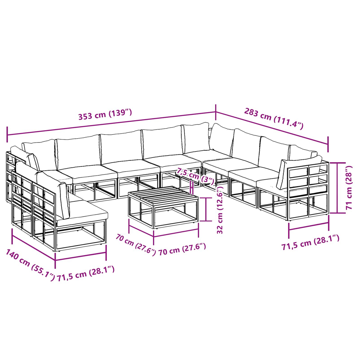 Ein Diagramm zeigt ein großes Ecksofa im Freien mit Abmessungen. Enthält einen Couchtisch. Maße in cm und Zoll sind sichtbar.