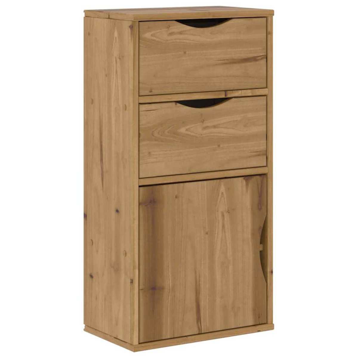 Ein Holzschrank mit zwei Schubladen und einer Tür. Der Schrank ist hellbraun.
