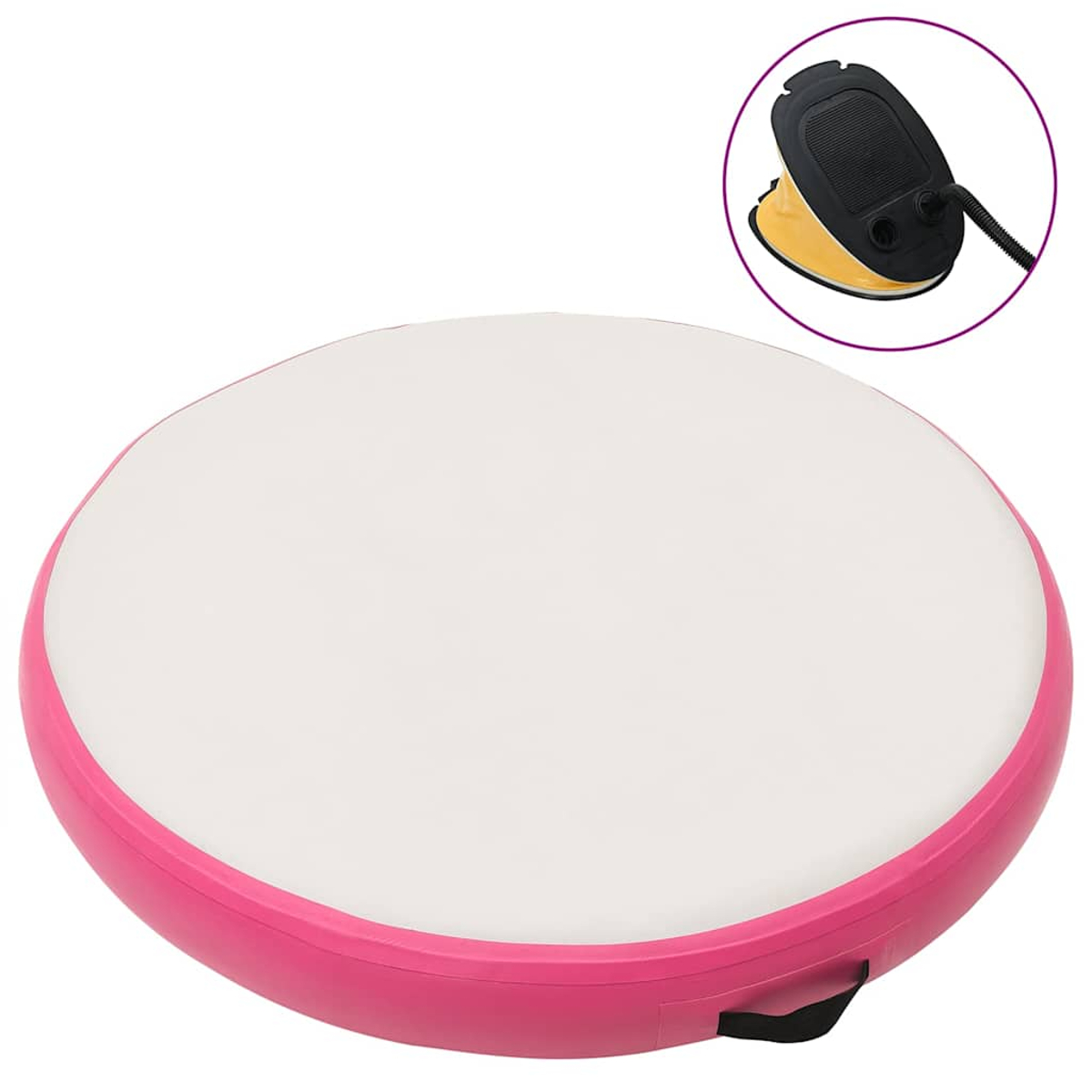 Rosa und weiße aufblasbare Gymnastikmatte. Oben rechts befindet sich eine Luftpumpe. Es ist eine runde Matte mit rosa Seiten und weißer Oberseite.