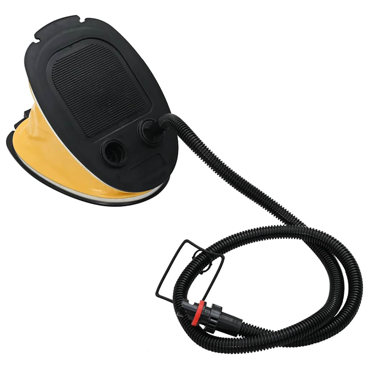 Eine gelb-schwarze Fußpumpe mit schwarzem Schlauch und Stecker. Die Pumpe befindet sich auf weißem Hintergrund.