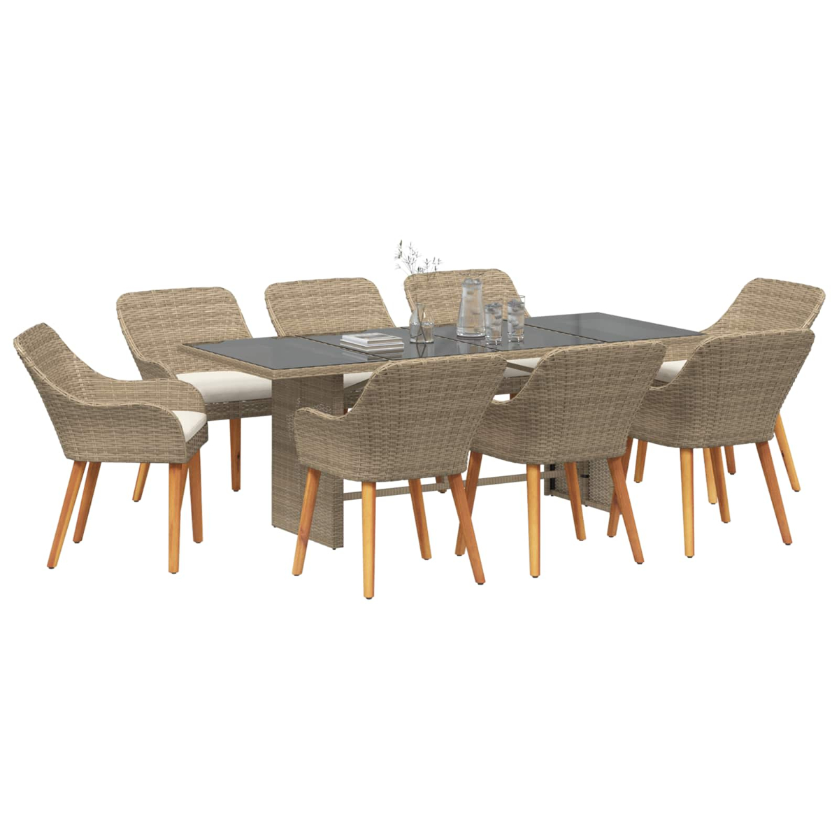 Un juego de comedor con una mesa rectangular y seis sillas de mimbre con patas de madera. La mesa tiene una tapa de vidrio. Vasos y libros.