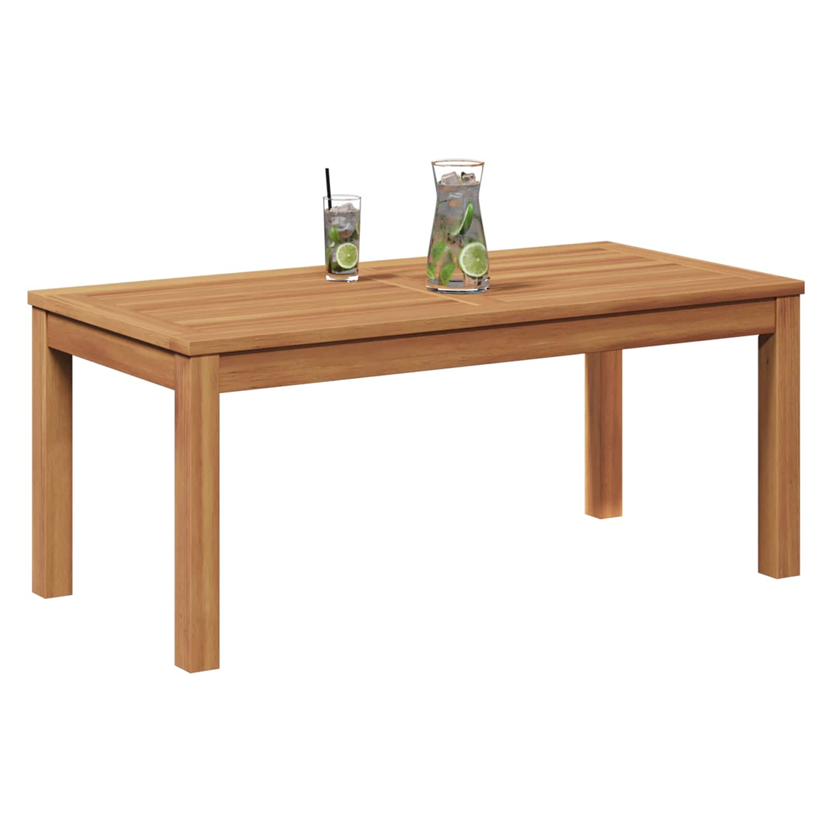 Un tavolo di legno con due bevande sopra. Una è in un bicchiere, l'altra in una caraffa. Entrambe le bevande hanno ghiaccio e lime.