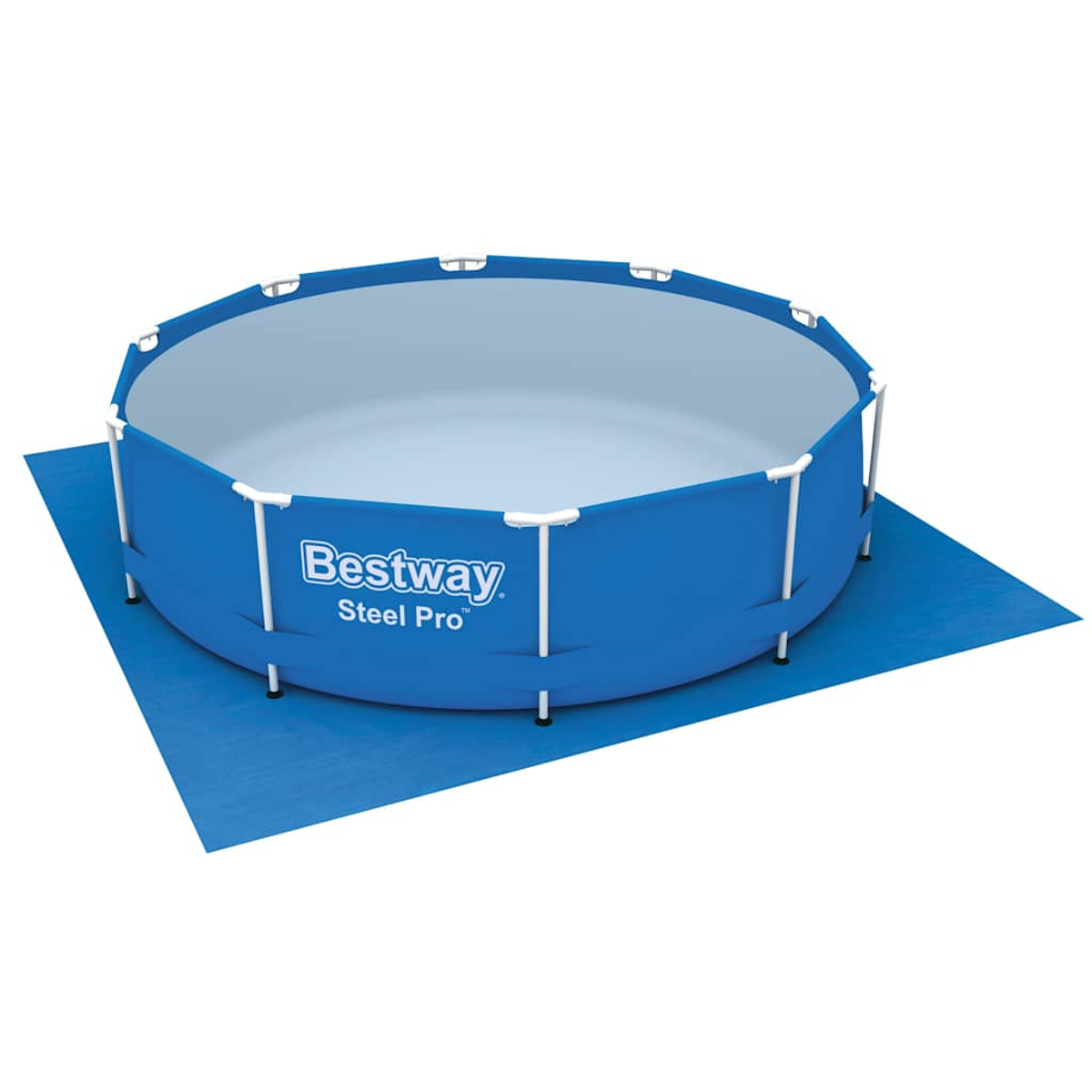Ein blaues Bestway Steel Pro Aufstellbecken steht auf einer blauen Matte. Der Pool ist leer mit weißen Stützträgern.