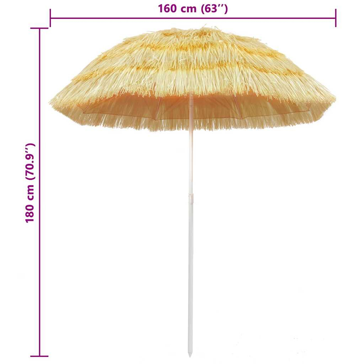 Ein Strandschirm mit strohähnlichem Baldachin und weißem Pfahl. Die Maße sind 160 cm breit und 180 cm hoch.