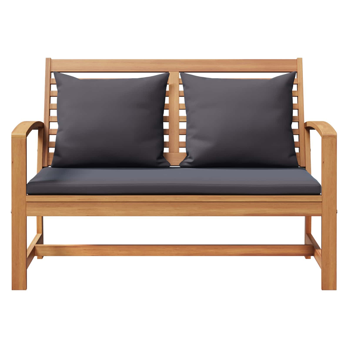 Panca in legno con due cuscini e schienali grigi. La panca è in legno marrone chiaro, con sfondo bianco.