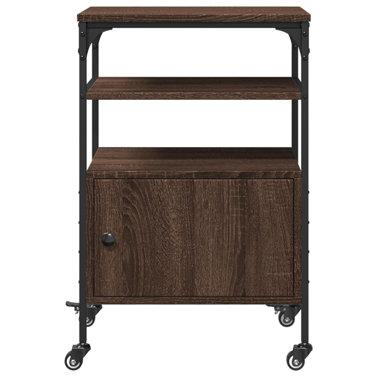 Ein brauner Holzschrank mit drei Regalen, einer geschlossenen Tür und einem schwarzen Metallrahmen auf Rädern. Der Hintergrund ist weiß.