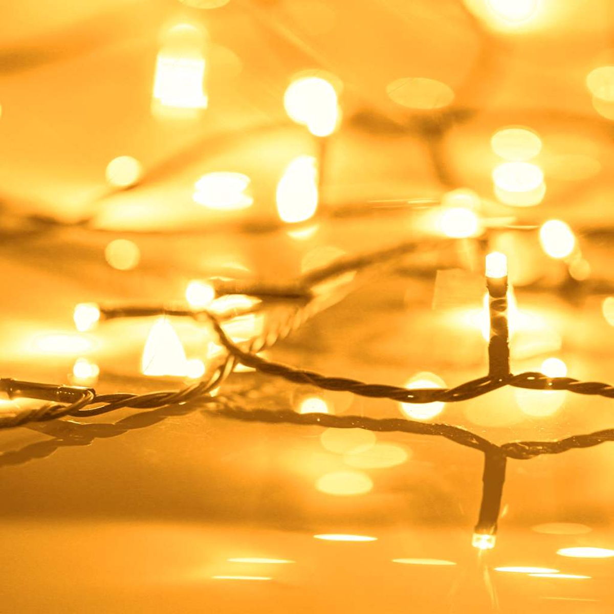 Nahaufnahme von Lichterketten, warmgelber Glanz, verschwommener Hintergrund. Verdrehte Drähte und helle Glühbirnen schaffen Festlichkeit.