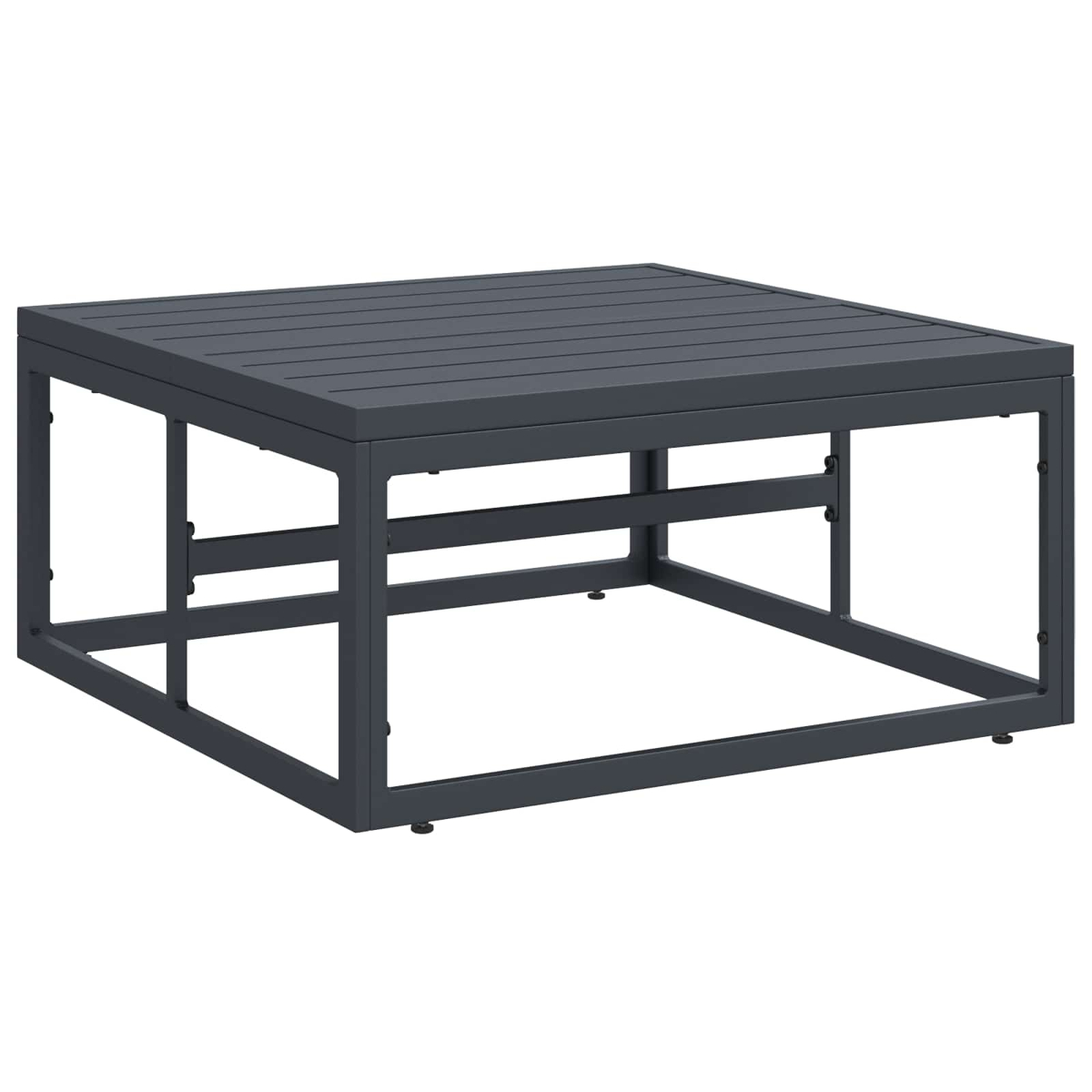 Ein quadratischer, dunkelgrauer Metall-Couchtisch. Er hat eine Lattenoberfläche und ein stabiles, offenes Gestell. Der Hintergrund ist weiß.