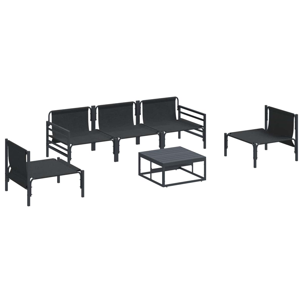 Gartenmöbel-Set. Enthält ein Dreisitzer-Sofa, zwei Sessel, einen Couchtisch und einen Stuhl, alles in Dunkelgrau.
