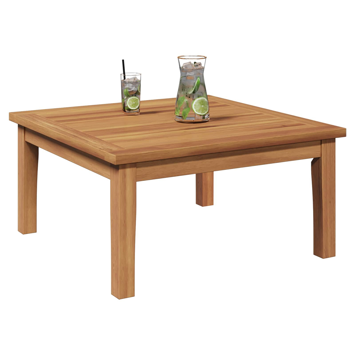 Ein quadratischer Holztisch mit einem Glas Getränk und einer Kanne darauf. Die Getränke enthalten Limetten und Eis.