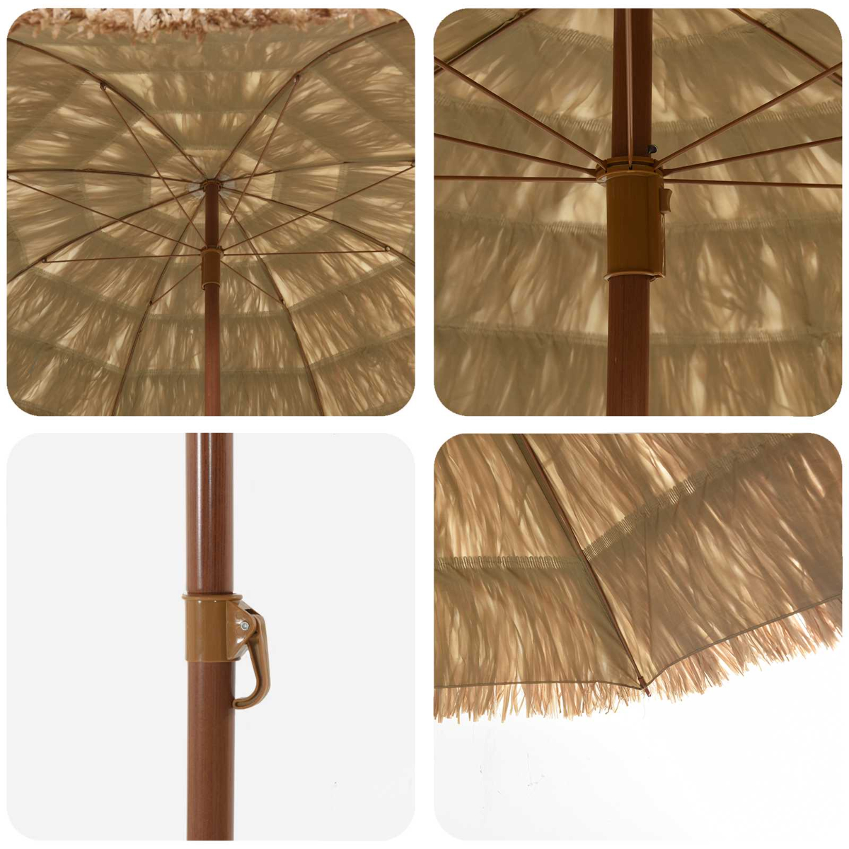 Una sombrilla beige con un poste de madera. La sombrilla tiene un borde con flecos. Los detalles muestran el marco y el mecanismo de bloqueo.
