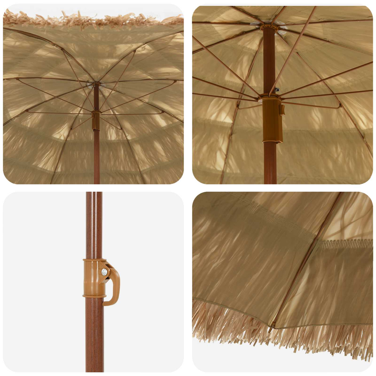 Un ombrellone beige con palo e struttura in legno. L'ombrellone ha un bordo con frange. Varie riprese ravvicinate mostrano i dettagli.