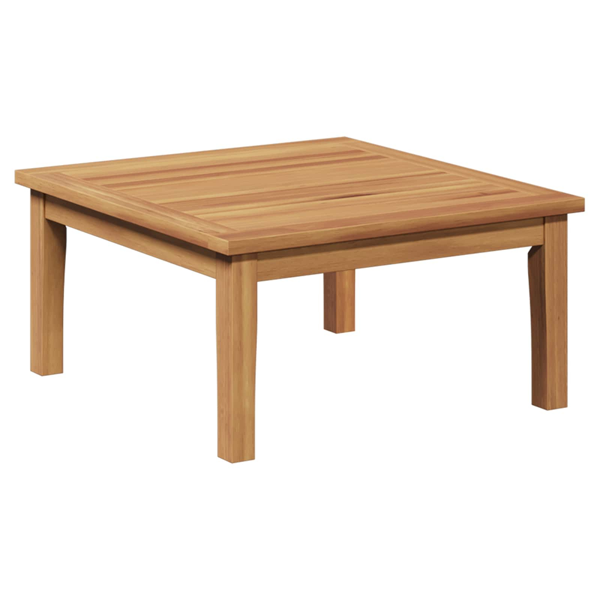 Ein quadratischer Holztisch mit vier Beinen. Die Tischplatte hat horizontale Holzplanken. Tisch und Beine sind hellbraun.