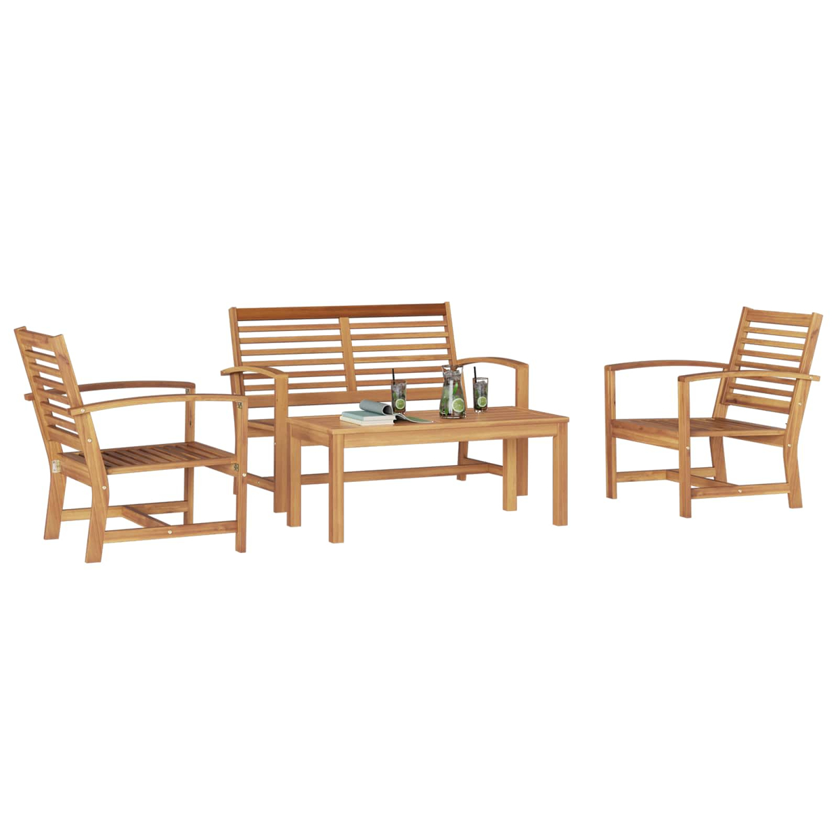 Gartenmöbel-Set aus Holz, bestehend aus einem Sofa, zwei Stühlen und einem Tisch mit Getränken und Büchern auf weißem Hintergrund.
