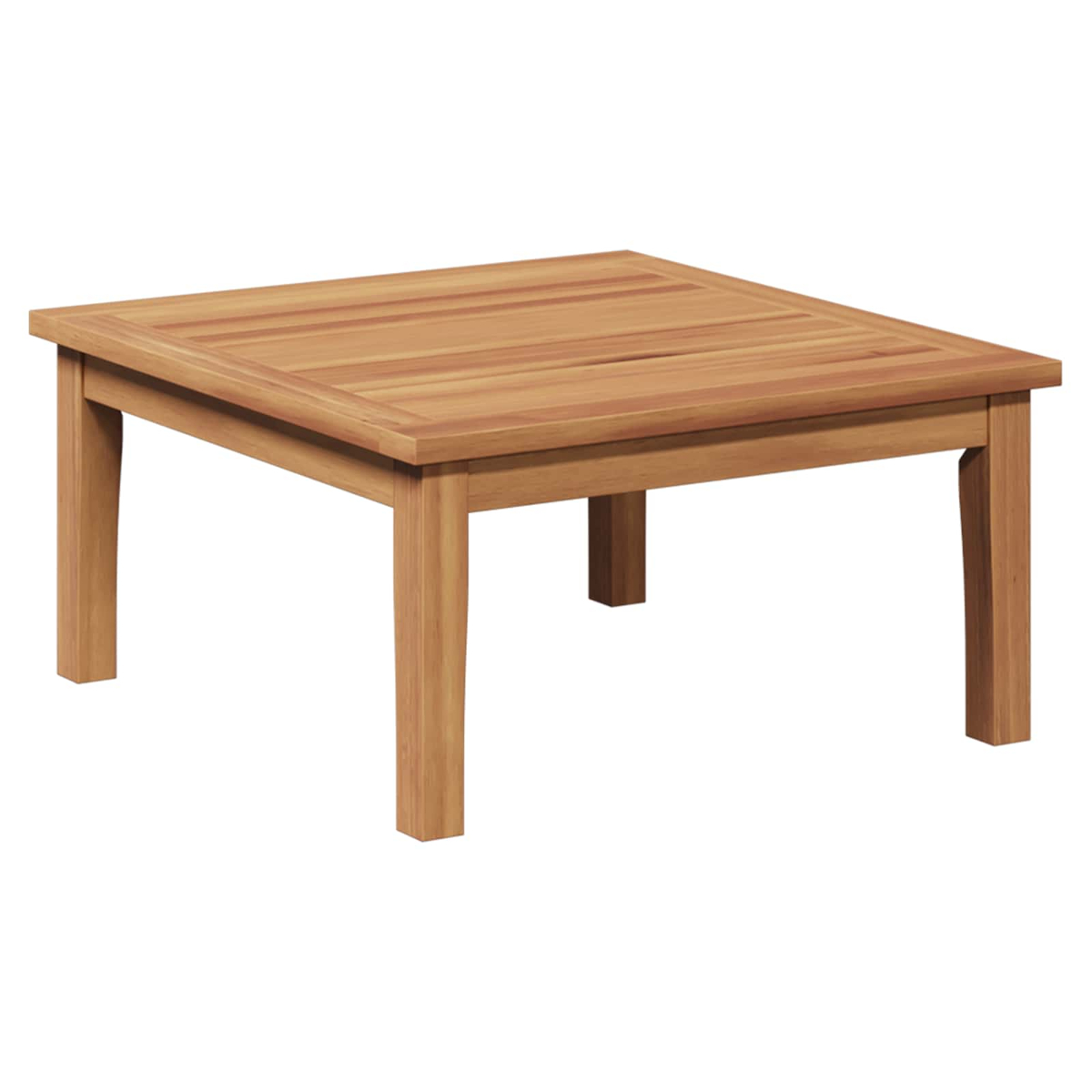 Ein quadratischer Holztisch mit vier Beinen. Der Tisch ist hellbraun und steht auf weißem Grund.