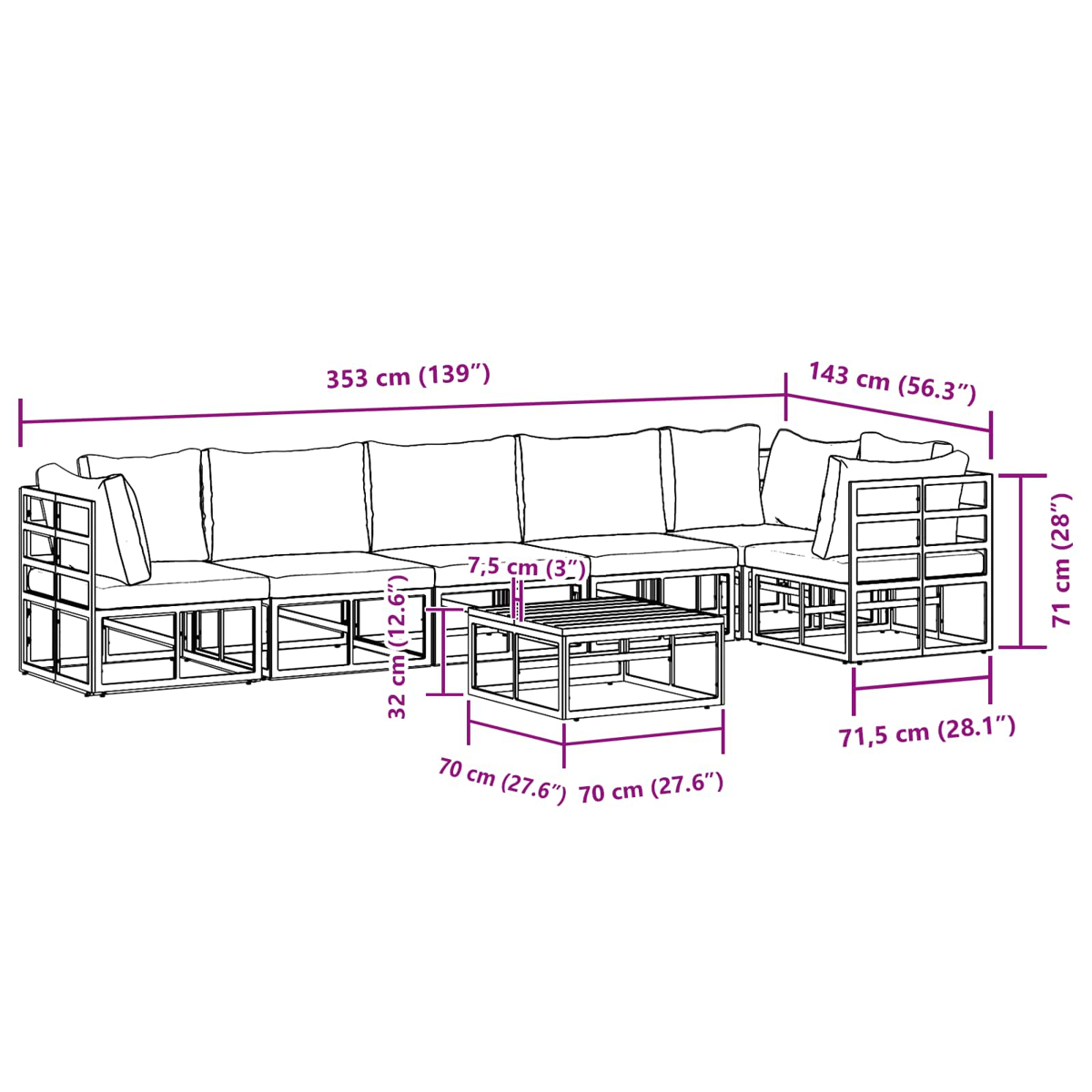 Un divano componibile e un tavolino sono dimensionati. Il divano è lungo 353 cm, largo 143 cm e alto 71 cm. Il tavolo è quadrato 70 cm, alto 32 cm.