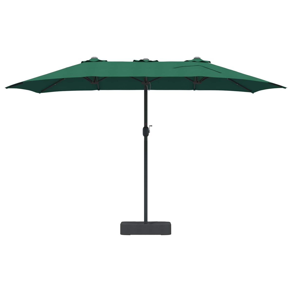 Un ombrellone da patio rettangolare verde con palo e base neri è centrato su uno sfondo bianco.