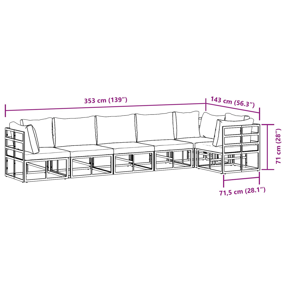 Diagramma di un divano modulare per esterni. È composto da più sezioni con dimensioni indicate in centimetri e pollici.