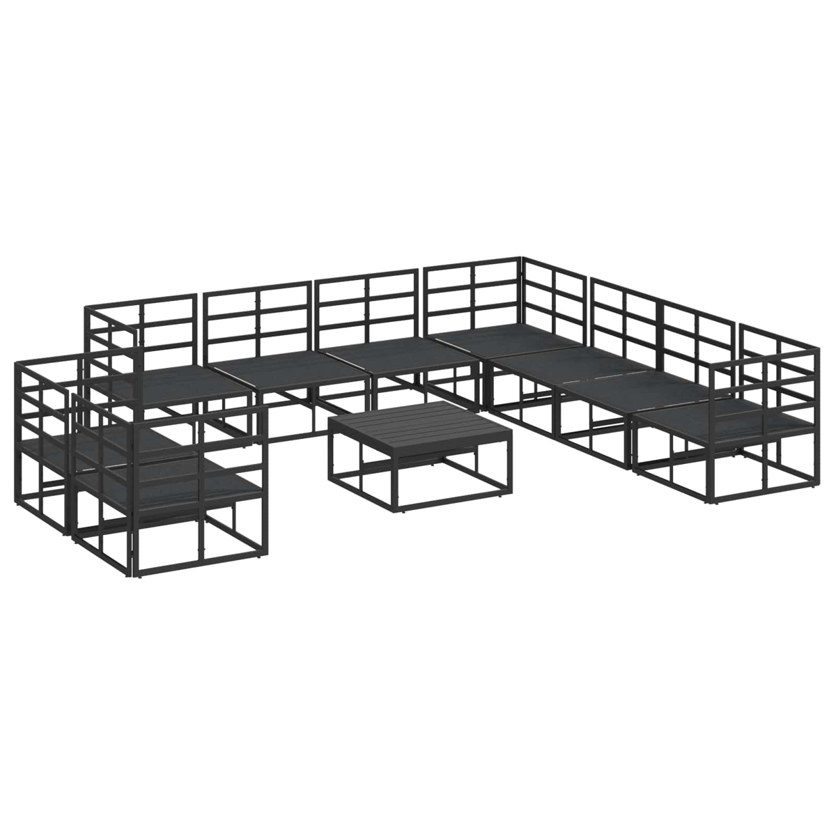 Ein Outdoor-Sofa-Set, dunkelgraue Metallrahmen mit passenden Plattformen und einem Couchtisch. Das Set ist U-förmig angeordnet.