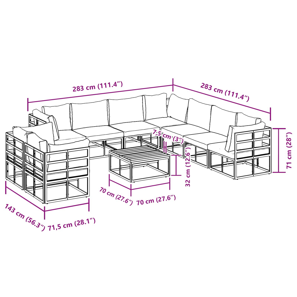 Outdoor-Ecksofa mit Maßangaben. Enthält einen Couchtisch. Maße in cm und Zoll werden angezeigt.