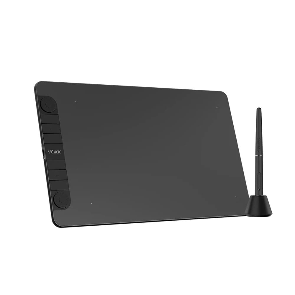 Siyah bir çizim tableti ve kalem beyaz bir arka plan üzerinde sergileniyor. Tablette düğmeler ve 'VEIKK' marka adı var.