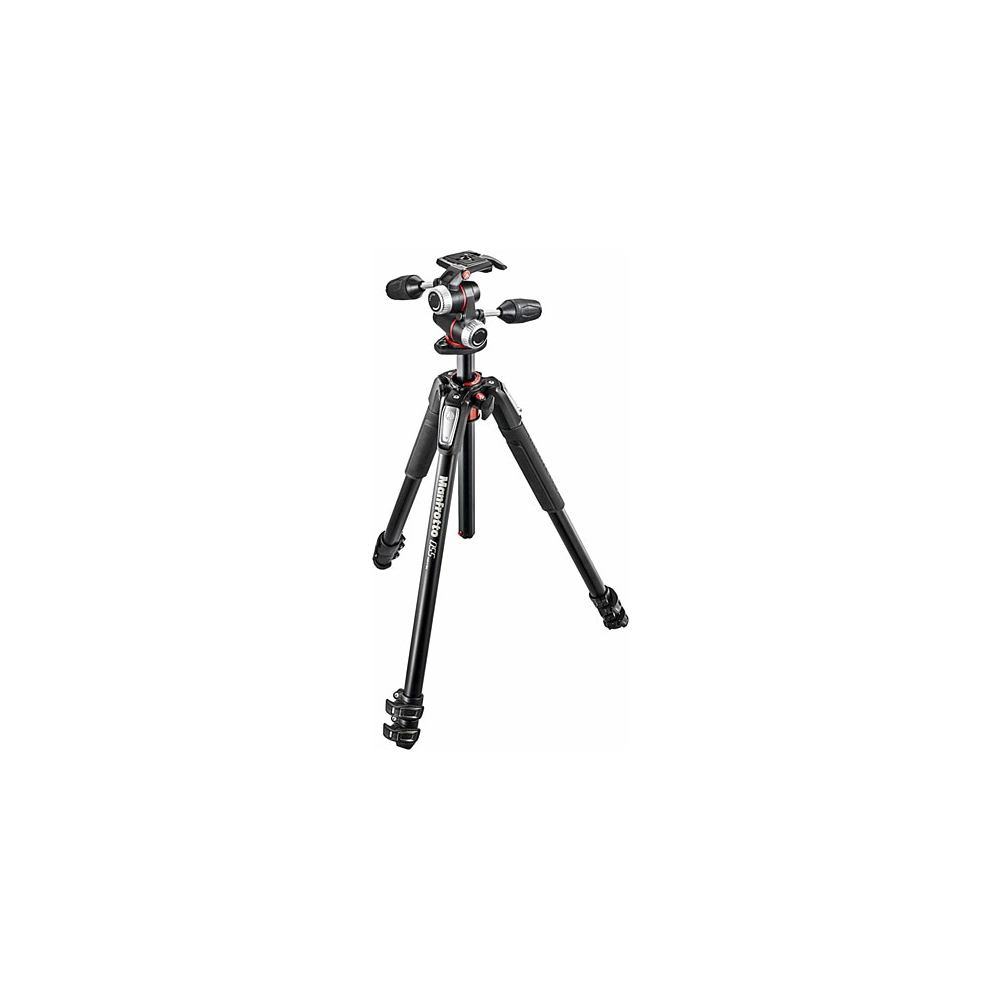 Beyaz zemin üzerinde üç ayaklı, siyah ve kırmızı bir tripod. Tripodun üzerinde 'Manfrotto' yazısı var.