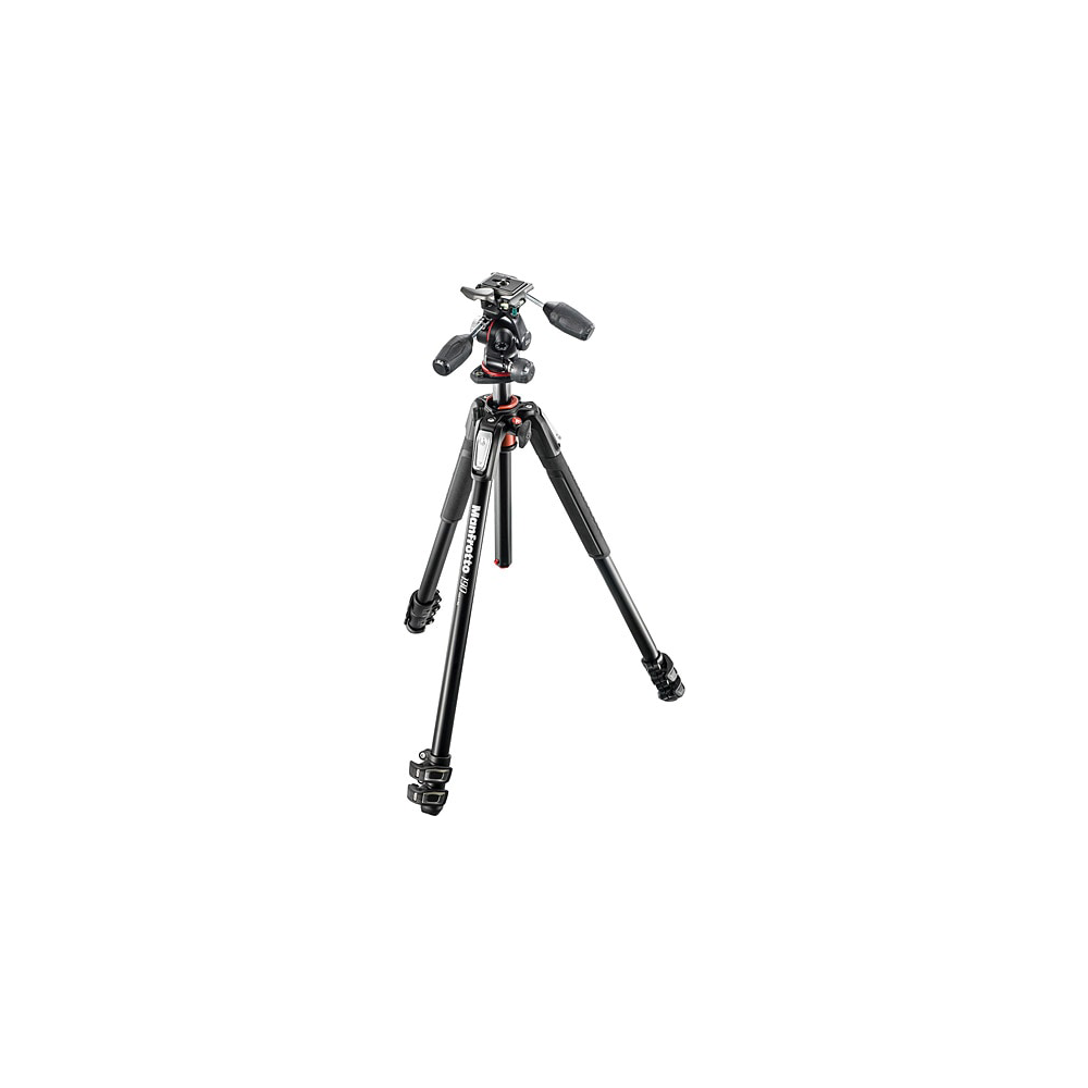 Turuncu detaylara sahip siyah bir tripod beyaz bir arka plan üzerinde ortalanmıştır. Üç ayağı ve kulplu bir başlığı vardır.
