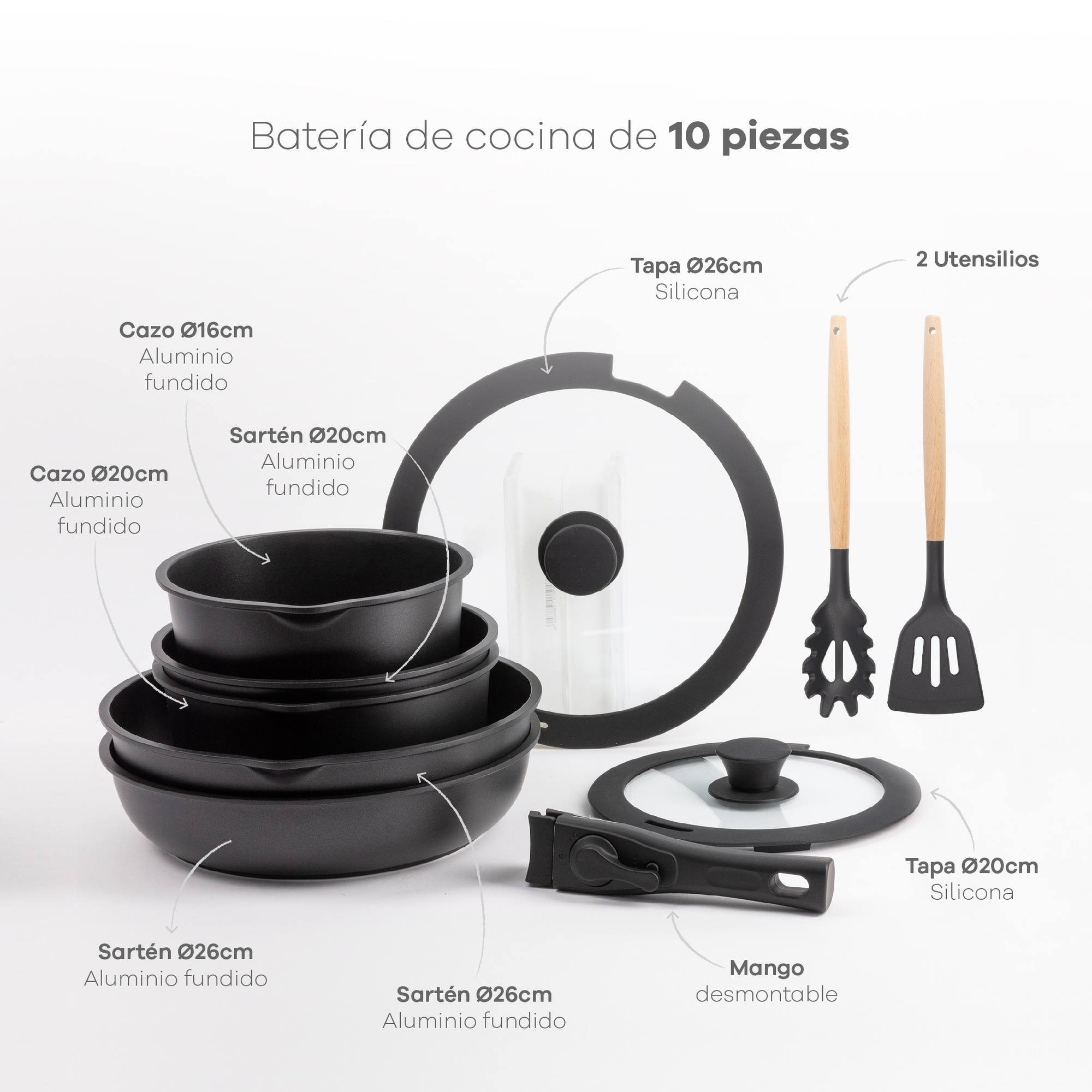 Un juego de utensilios de cocina de 10 piezas. Incluye ollas, sartenes, tapas y utensilios. Aluminio negro con tapas de silicona. Mango extraíble.
