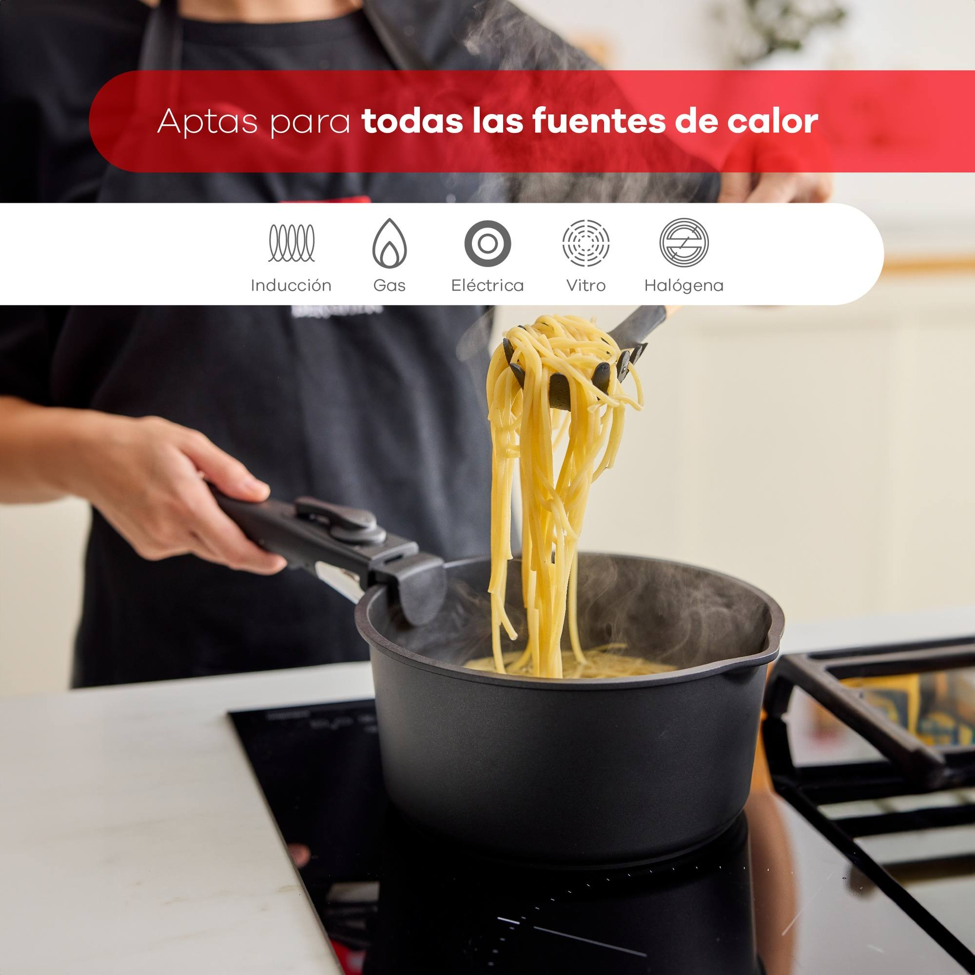 Una persona sosteniendo pasta con pinzas sobre una olla. El fondo incluye superficie de cocción e iconos de fuentes de calor.