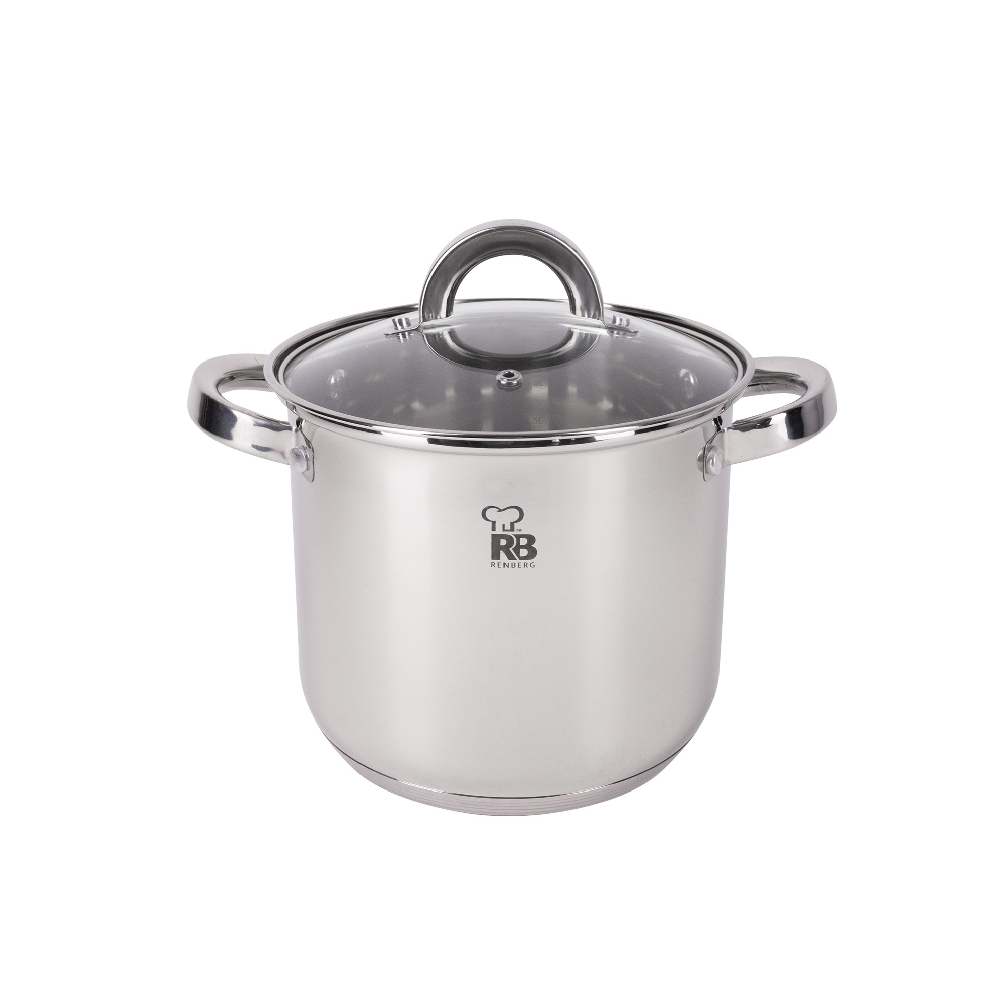Una olla de acero inoxidable con tapa de cristal y dos asas laterales. Tiene una superficie brillante.