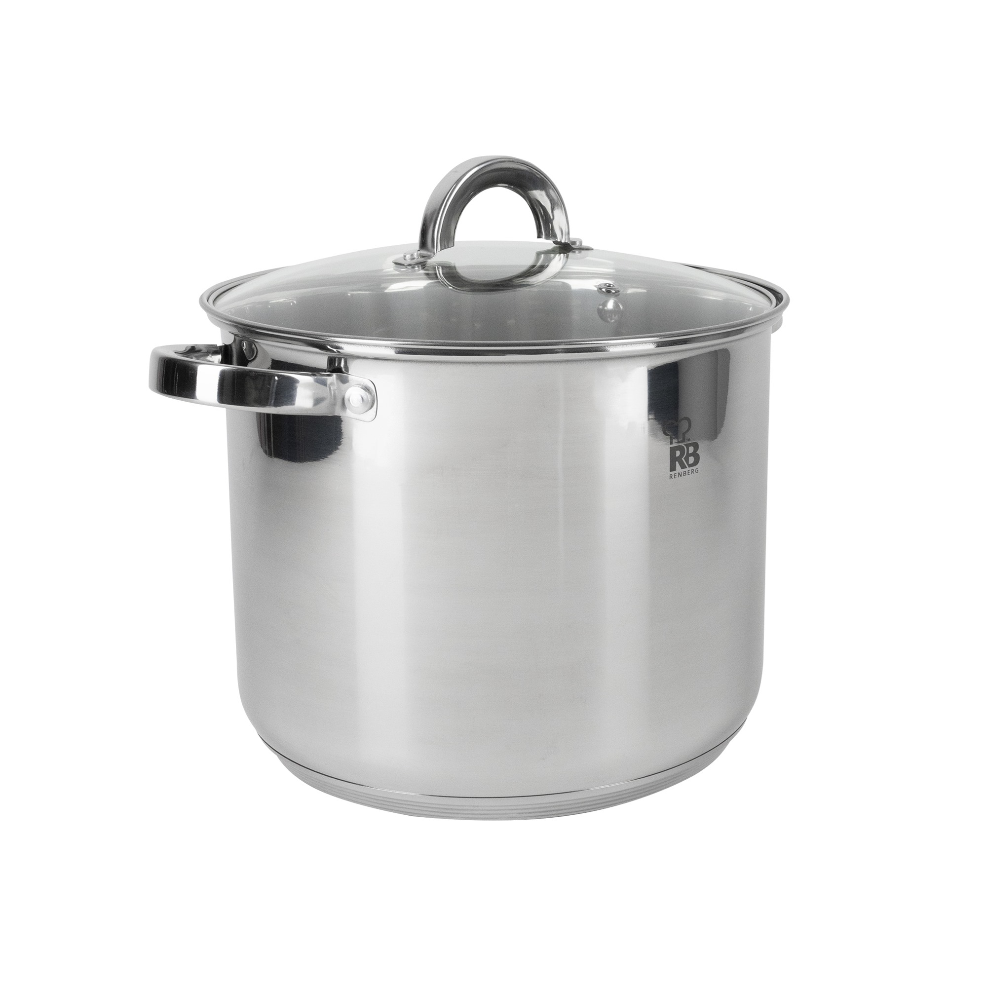 Una olla de acero inoxidable con tapa de cristal. Tiene una asa en la tapa y en el lateral. El fondo es blanco.