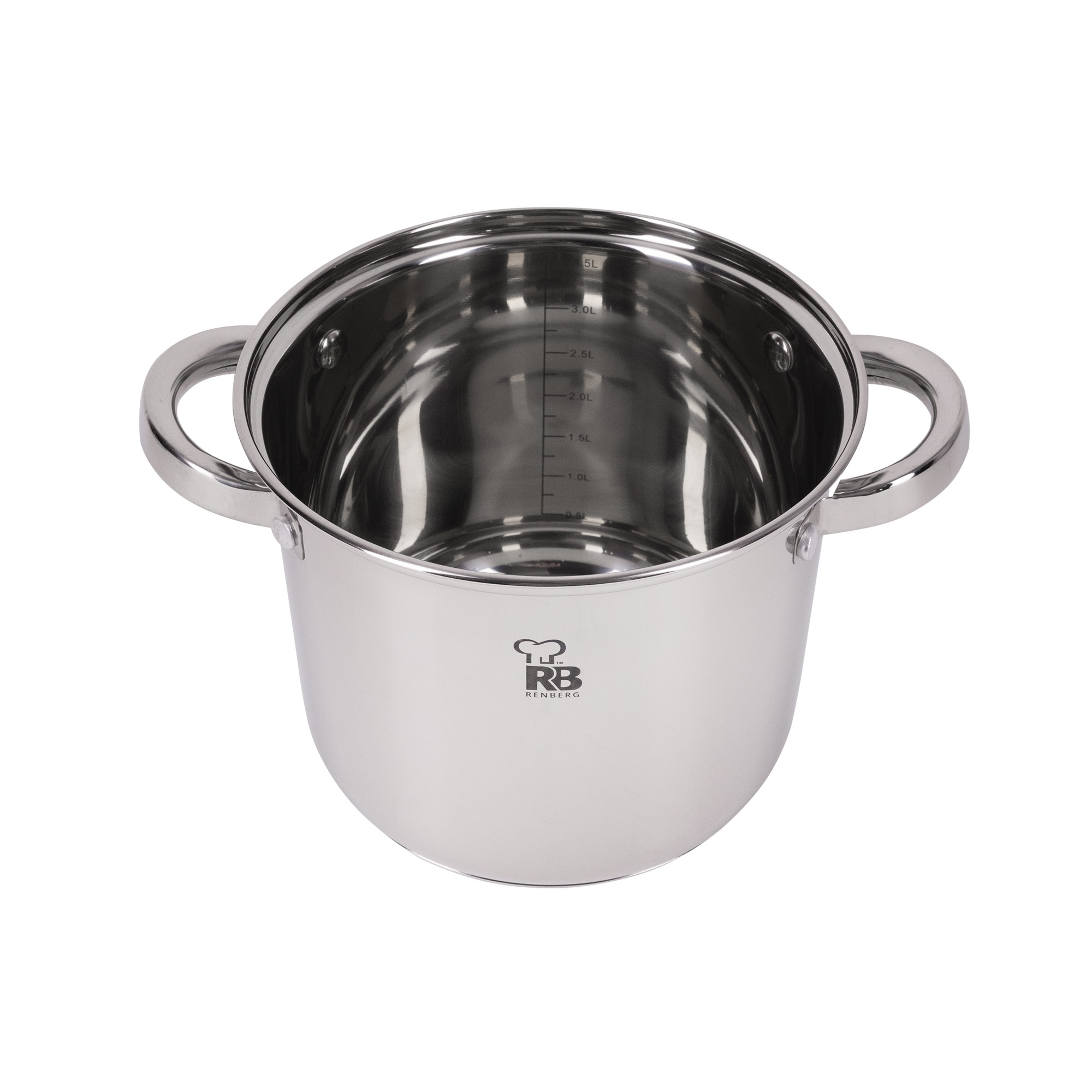 Una olla de acero inoxidable con dos asas. Tiene marcas de capacidad dentro y un logotipo de la marca en el frente.