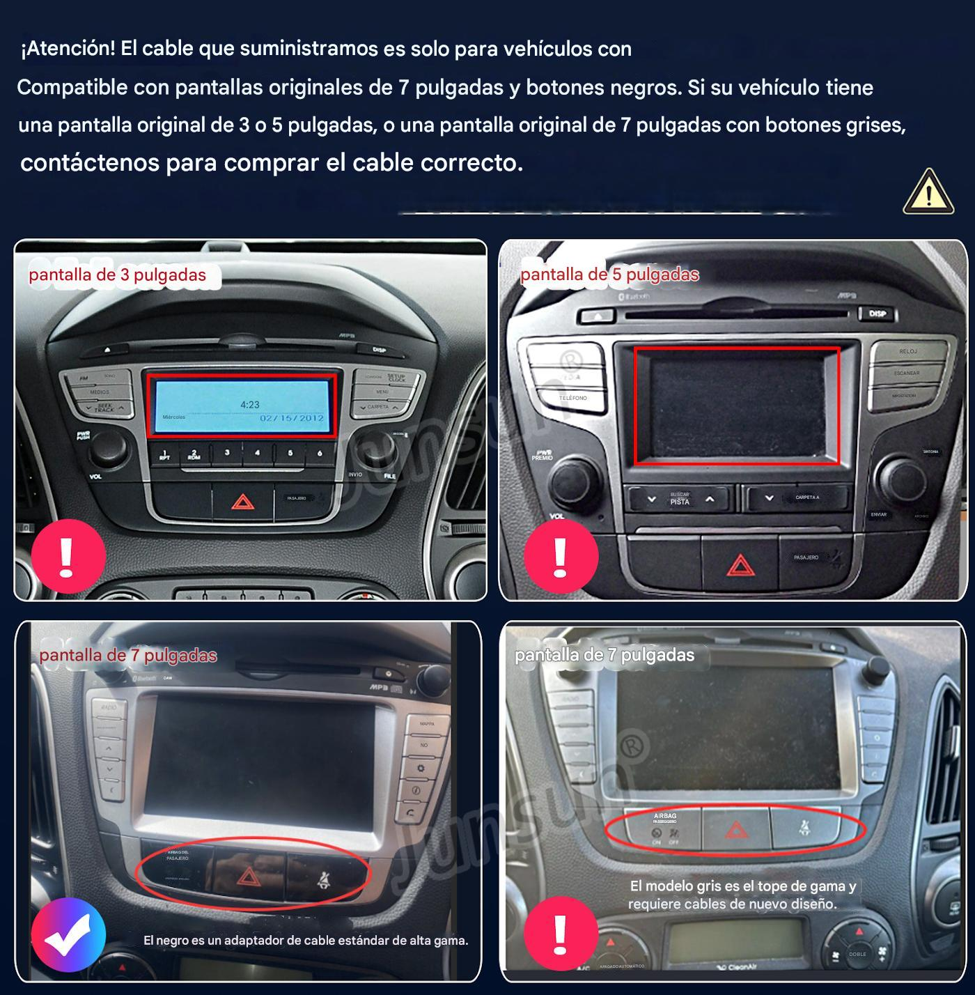 Panel de instrumentos del automóvil que muestra diferentes tamaños de pantalla, con advertencias sobre la compatibilidad del cable.