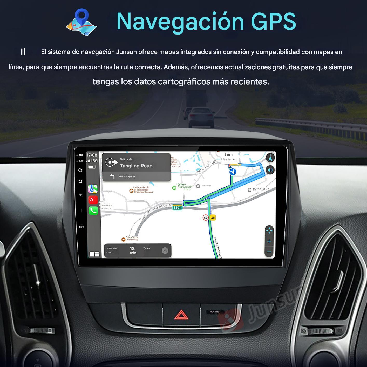 Panel del coche mostrando mapa GPS con instrucciones, nombres de calles y detalles de distancia.