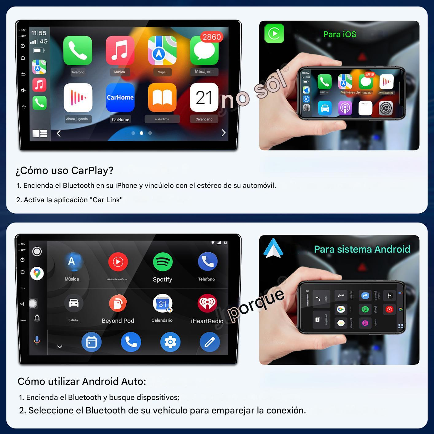 Pantalla de estéreo de coche con iconos de aplicaciones, teléfono, música y mapas. Se muestran instrucciones para CarPlay y Android Auto.