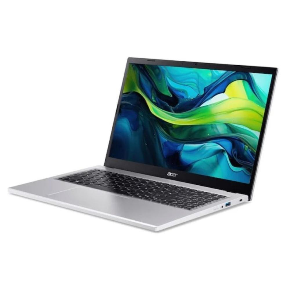 Portátil Acer plateado abierto, la pantalla muestra un diseño abstracto azul/verde. El teclado es negro. Fondo blanco.