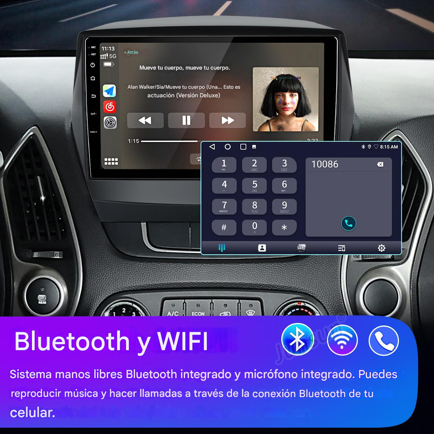 Panel del automóvil que muestra una interfaz de llamada telefónica y reproductor de música. Se muestran iconos de Bluetooth y WiFi.