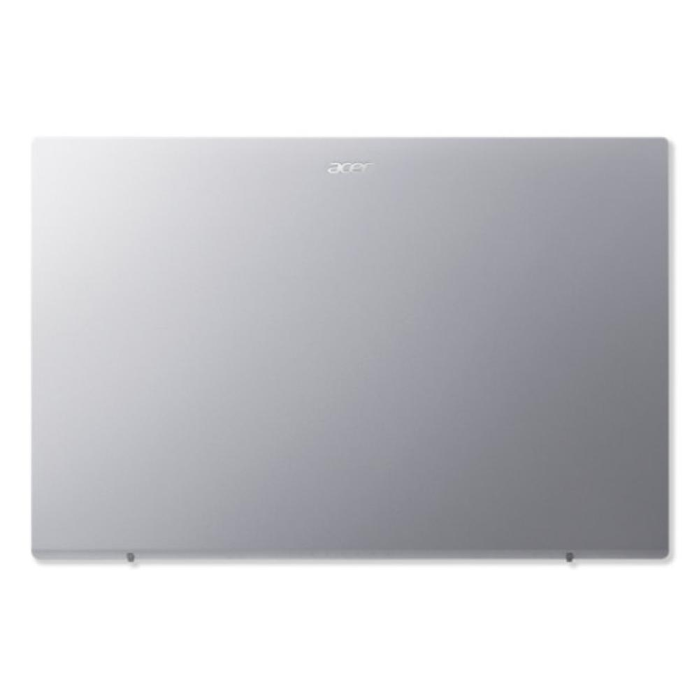 Tapa plateada de portátil Acer, con el nombre de la marca en la parte superior. La tapa tiene una superficie lisa y reflectante y bisagras en la parte inferior.