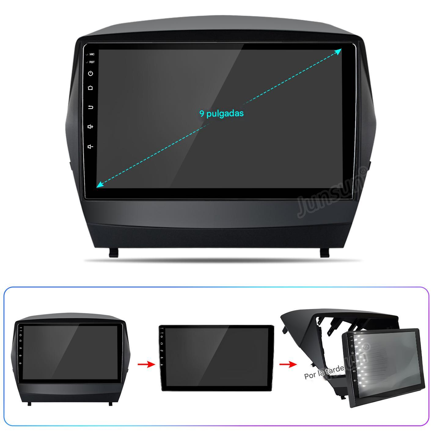Se muestra un estéreo de automóvil con una pantalla de 9 pulgadas. La pantalla tiene botones en el lado izquierdo. Se muestran componentes adicionales abajo.