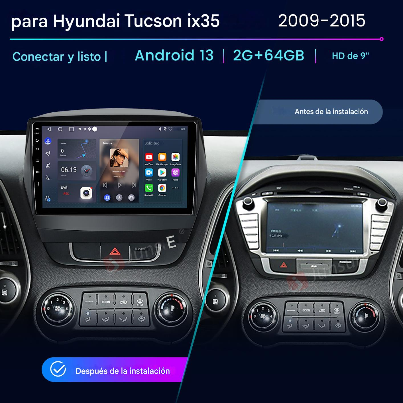 Panel del coche que muestra el antes y el después de la instalación de un nuevo sistema Android 13 con pantalla táctil.