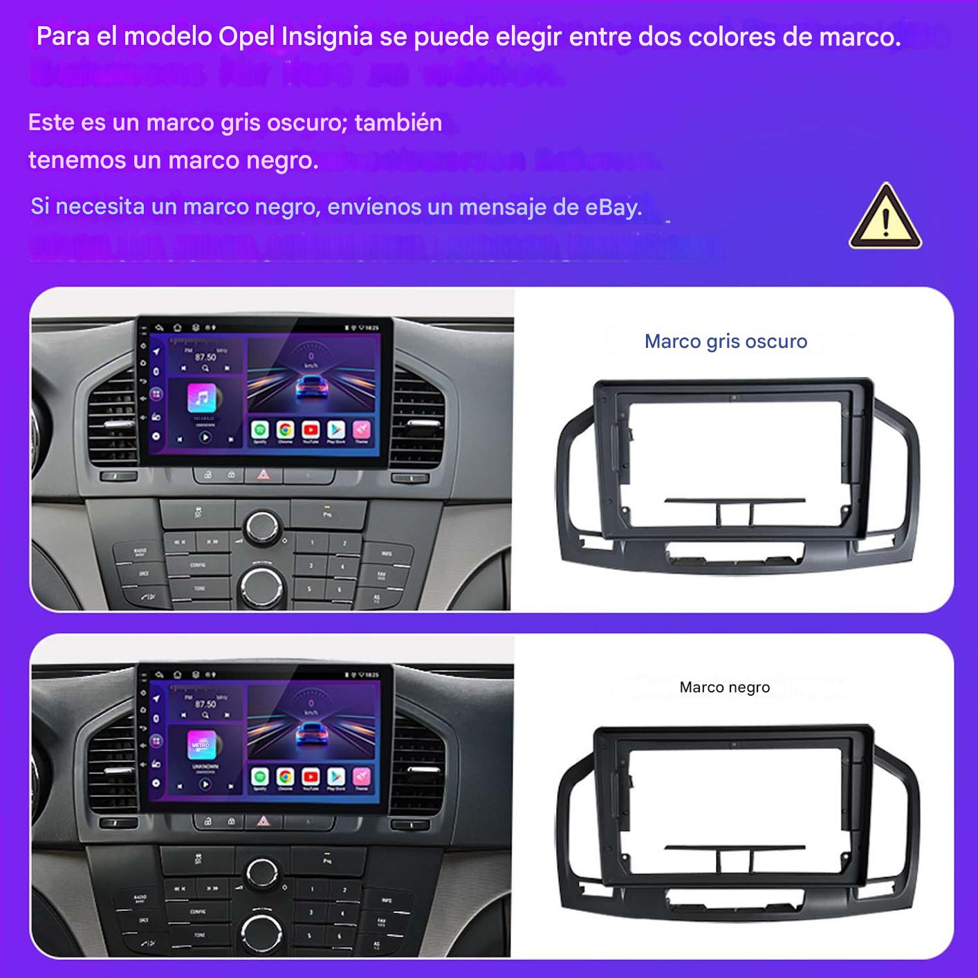 La imagen muestra el salpicadero de un coche con radio y dos opciones de marco: gris oscuro y negro. El texto en español describe los marcos.