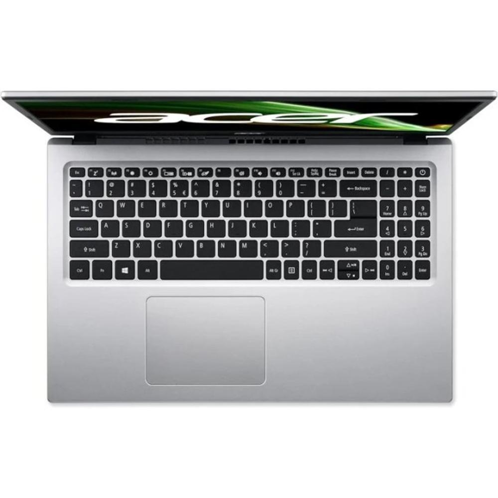 Vista cenital de un portátil Acer plateado con la pantalla abierta, mostrando el teclado y el panel táctil.